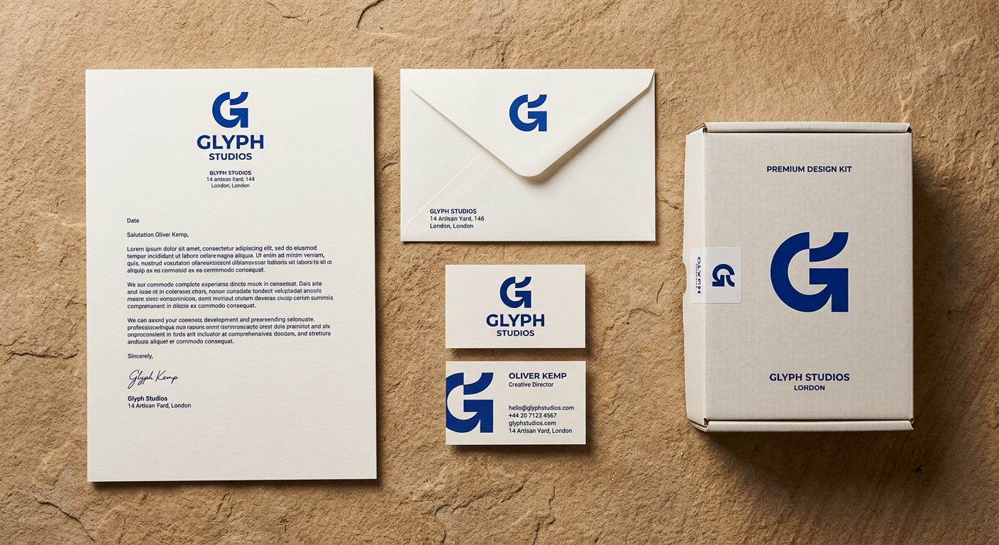 Brand identity stationery and packaging flat lay
