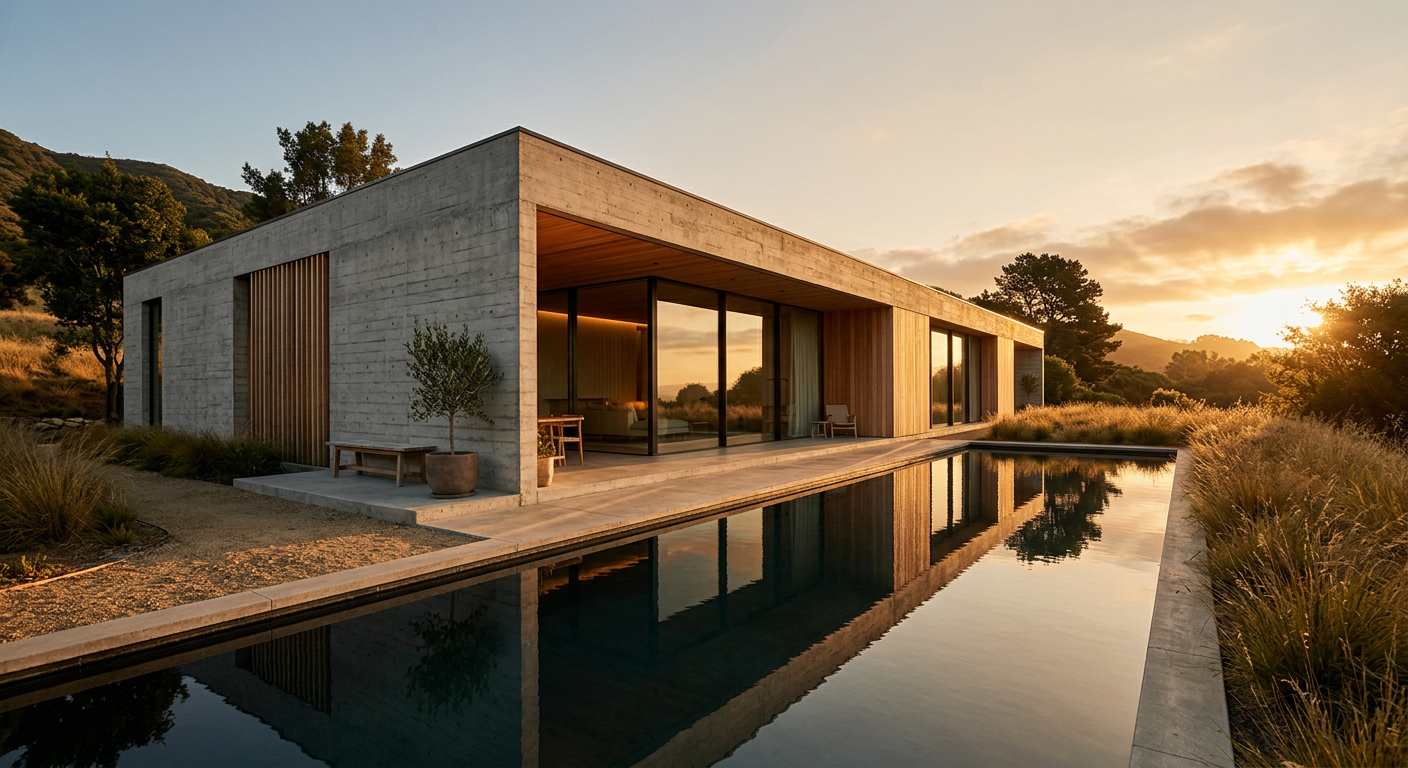 Photoreal architectural visualization of a concrete and timber house with a reflecting pool at golden hour