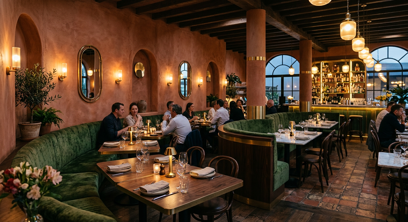 Boutique restaurant interior with curved banquettes in terracotta and green